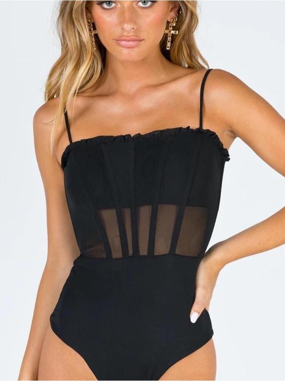 Princess Polly Cartia Bodysuit - Sheer Panel Black Bodysuit